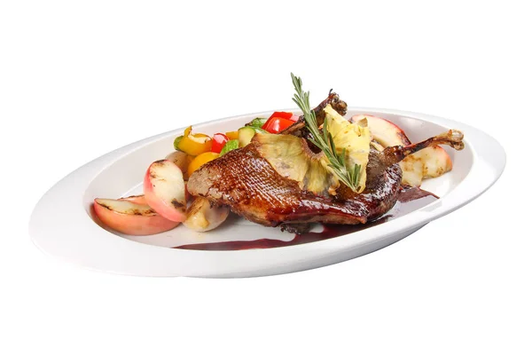 Duck leg with safflowers and grilled vegetables. On a white background — Stock Photo, Image