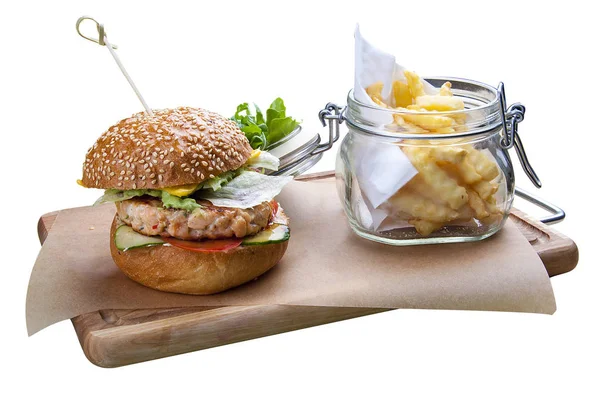 Burger with salmon, cheese and French fries