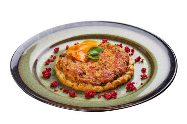 Kish pie with pears and cheese on a white background