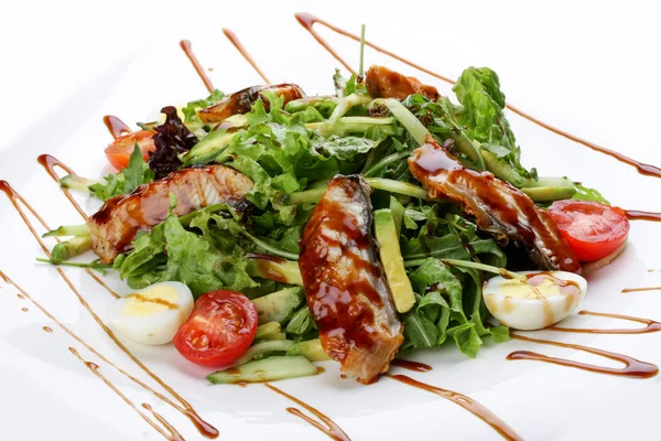 Salad with smoked eel on white background — Stock Photo, Image