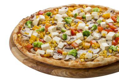 Tofu, champignons, mısır ve zeytin ile Pizza. Vejetaryen yemek. 