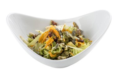 Tohumlu ve avokadolu kabak salatası. Vejetaryen yemek. Beyaz üzerinde