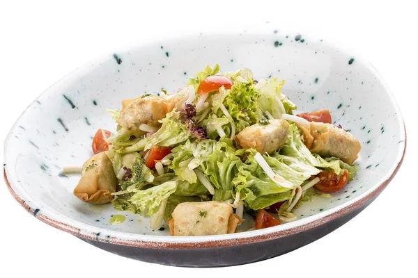 Rolls with tofu cheese on leaves salad with cherry tomatoes. Veg — Stock Photo, Image