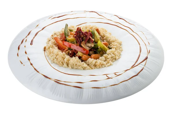 Wok verduras en leche de coco con cuscús. Plato vegetariano. O —  Fotos de Stock