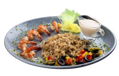 Yabani mantar ile risotto ile kızarmış karides