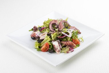 Beyaz arka planda kalamar ve ahtapot ile salata
