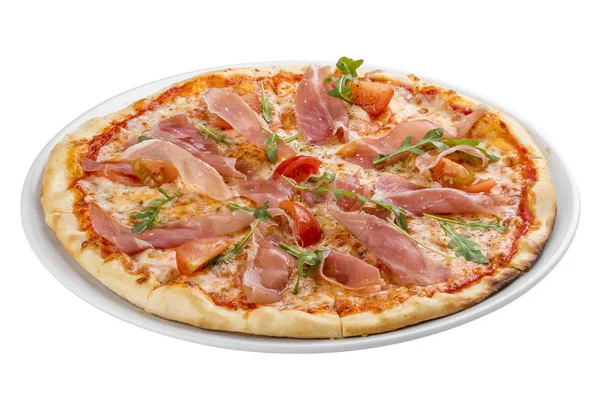 Prosciutto ve arugula ile pizza. Beyaz arka planda
