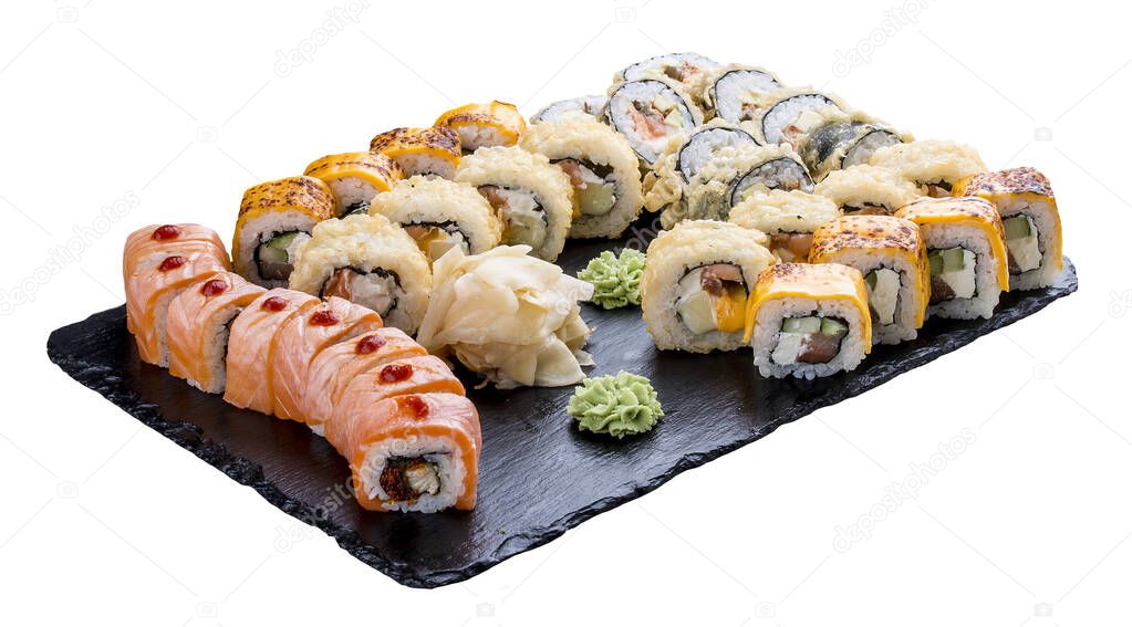 Sushi set on ceramic boards. On white background