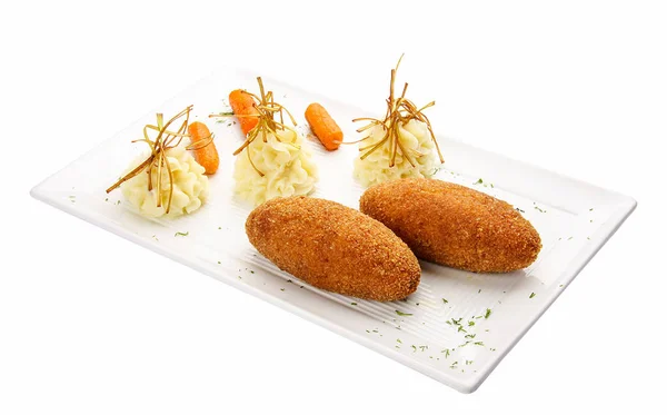 Chicken Kiev with mashed potato. On white background — Stock Photo, Image