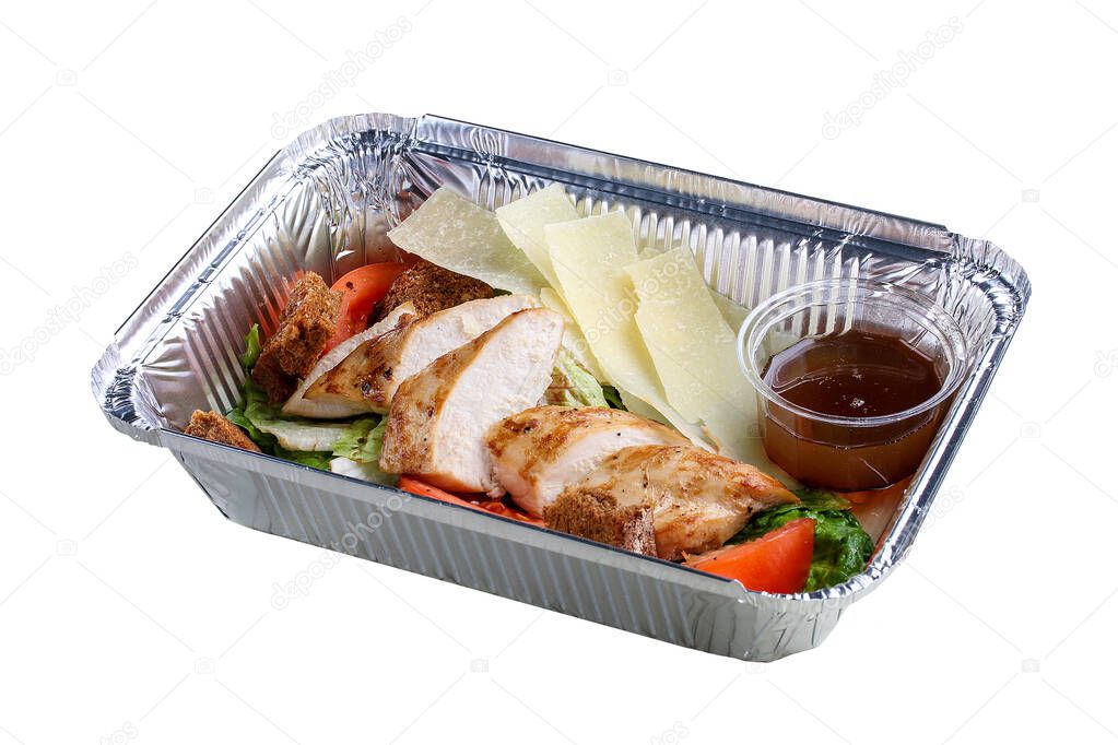 Healthy food background. Take away of natural organic meals in foil boxes.