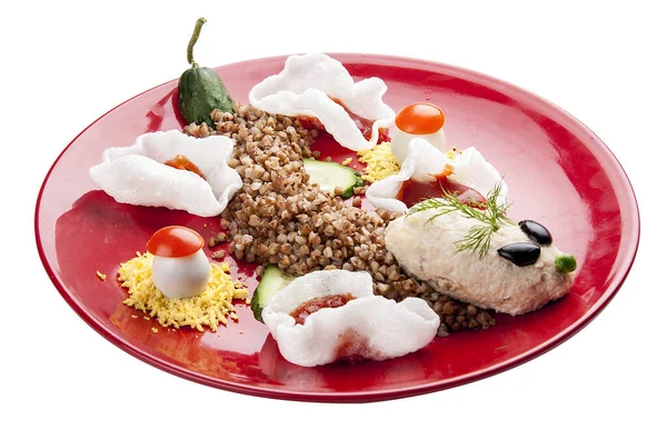 Escalope de poulet avec croustilles de riz et sarrasin. Drôle de souris. Repas pour enfants . — Photo
