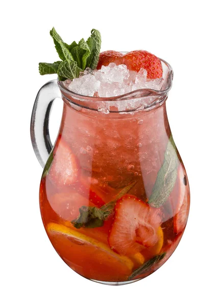 Lemonade with strawberries and mint in glass jug on white background — Stock Photo, Image