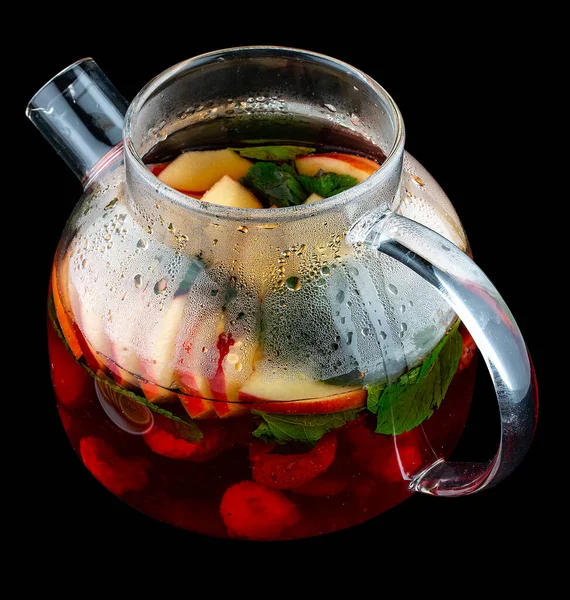 Hot Tea Fruit Mint Glass Teapot Dark Background — Stock Photo, Image