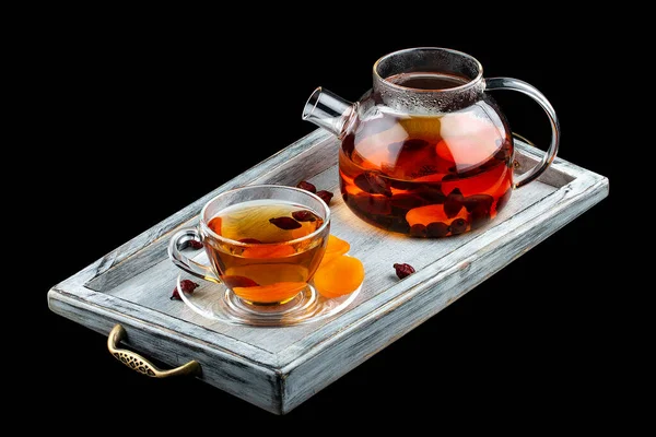 Hot Tea Rose Hips Dried Apricots Glass Teapot Dark Background — Stock Photo, Image