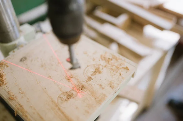 Master Works Machine Drilling Carpentry Workshop — Stock Photo, Image