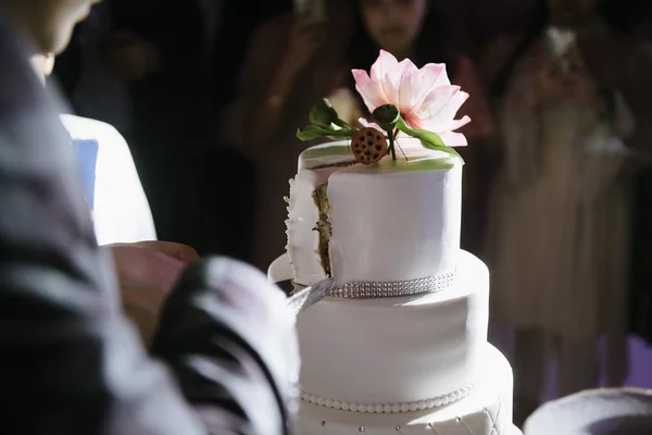 Mariée et marié couper le gâteau de mariage de près — Photo