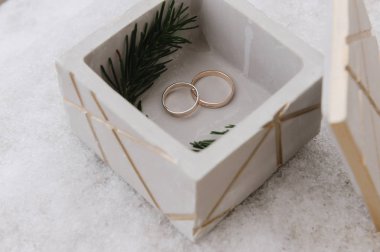 Gelin ve damadın alyansları ahşap bir kutuda