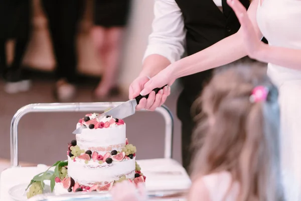 Νύφη και γαμπρός Κόψτε το γαμήλιο κέικ κοντά — Φωτογραφία Αρχείου