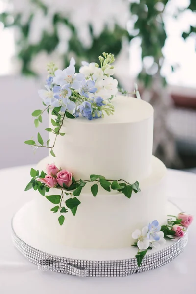 Grande bolo de casamento branco com frutas está na mesa — Fotografia de Stock