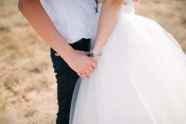 Takım elbiseli damat gelini gelinlikle kucaklıyor.