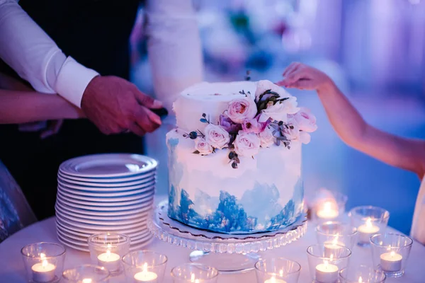 Mariée et marié couper le gâteau de mariage de près — Photo