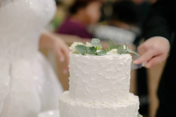 Mariée et marié couper le gâteau de mariage de près — Photo