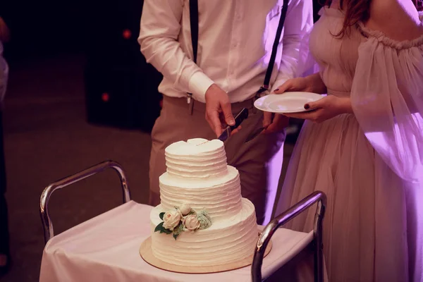 Mariée et marié couper le gâteau de mariage de près — Photo