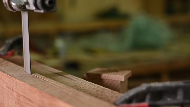 Proceso Trabajo Taller Carpintería Hombre Con Overoles Trabaja Una Sierra — Vídeos de Stock