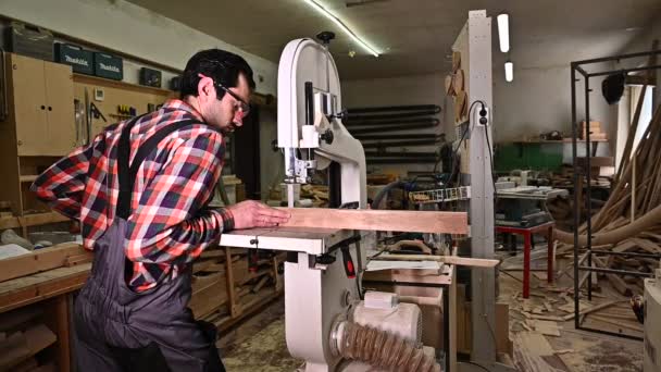 Working Process Carpentry Workshop Man Overalls Works Band Saw Carpentry — Stock Video