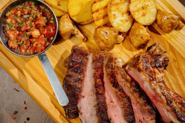 Tabakta et ve kızarmış patatesle ahşap bir masada yemek.