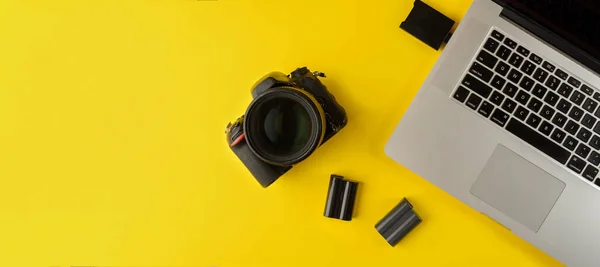 Photographer Equipment Flat Lay Composition Photographer Equipment Laptop Yellow Background — стоковое фото