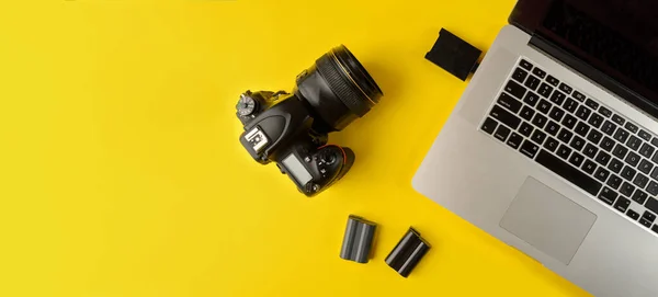 Photographer Equipment Flat Lay Composition Photographer Equipment Laptop Yellow Background — стоковое фото