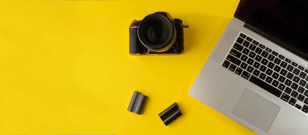 Photographer Equipment Flat Lay Composition Photographer Equipment Laptop Yellow Background — стоковое фото