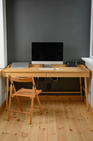 Photographer Workplace Professional Camera Computer Workplace Computer Laptop Camera Wooden — Stock Photo, Image