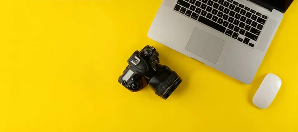 Photographer Equipment Flat Lay Composition Photographer Equipment Laptop Yellow Background — стоковое фото