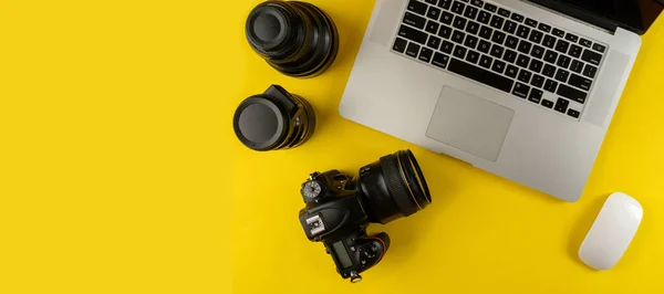 Photographer Equipment Flat Lay Composition Photographer Equipment Laptop Yellow Background — стоковое фото