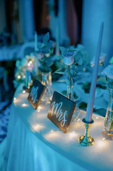Decoração Mesa Casamento Com Flowers Decoration Salão Banquete Dia Casamento — Fotografia de Stock