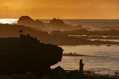 Fas kadın gün batımı güzel manzara kayalar selfie alıyor