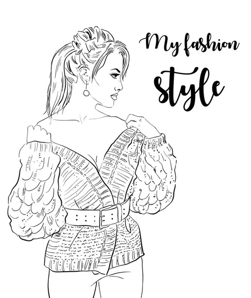 Hand drawn woman in dress. Fashion model. Vector — Stock Vector