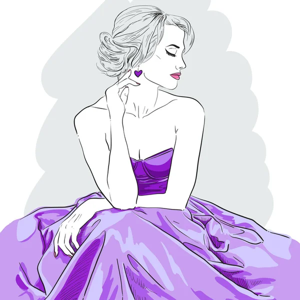 Hand drawn woman in dress. Fashion model. Vector — Stock Vector