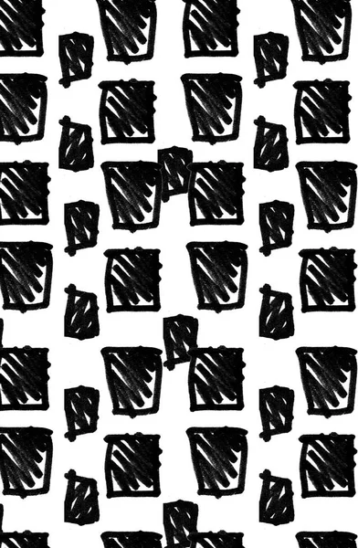 Trendi handdrawn kockás minta. Rendetlen csíkos végtelen dísz, fekete kézzel festett mozdulatokkal fehér háttér. — Stock Fotó