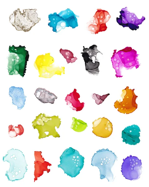 Ručně tažené barevný akvarel šplouchání alkohol inkoust, izolované nad bílá. — Stock fotografie