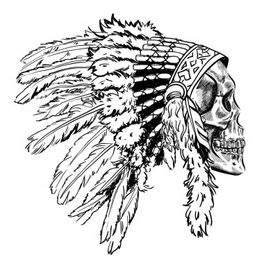 Dotwork stil kafatası Kızılderili tüy şapka ile. Grunge vektör sanat.