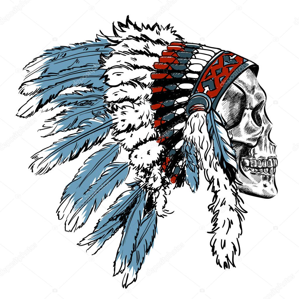 Dotwork style skull with indian feather hat. Grunge vector art.