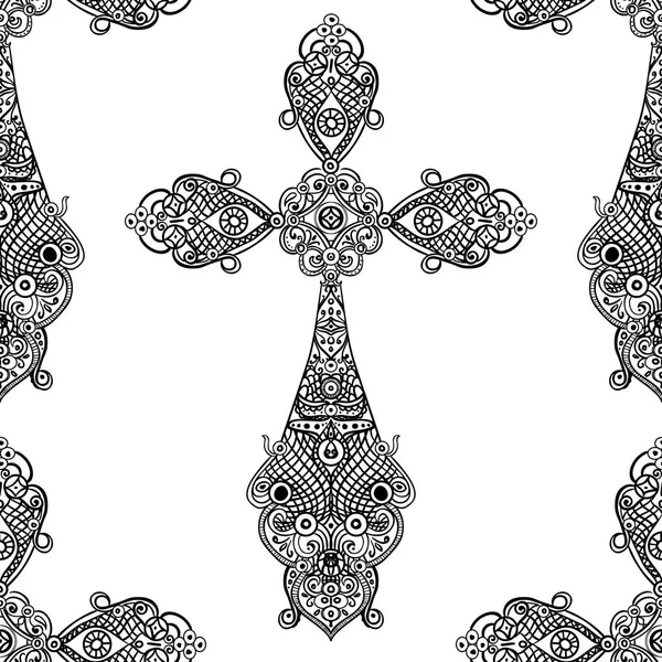 Vintage religiöse Kreuze in schwarz-weiß nahtlosem Muster, heraldischem Design — Stockvektor