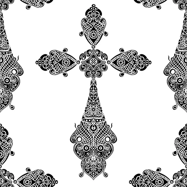 Vintage religiös korsar i svart och vitt sömlösa mönster, heraldisk design — Stock vektor