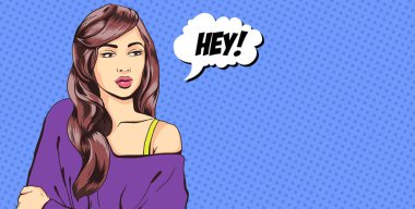 PIN tarzı seksi hayal kadın portre, yüzünü, pop art kız kadar illüstrasyon vektör