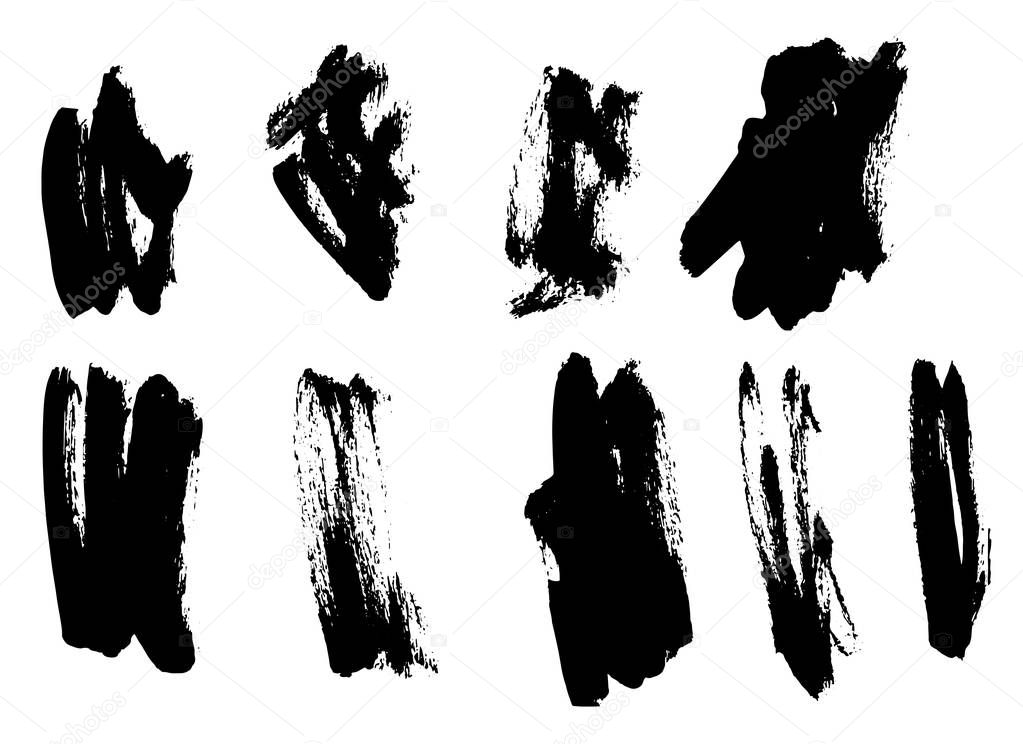 Black ink grunge brush set strokes on white background.
