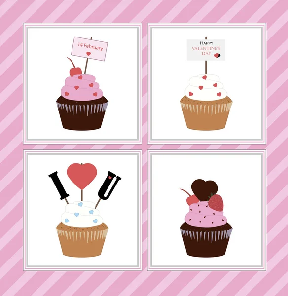 Romantische Cupcakes Februari Valentijnsdag Met Kersen Chocolade Toppers Roze Achtergrond — Stockvector