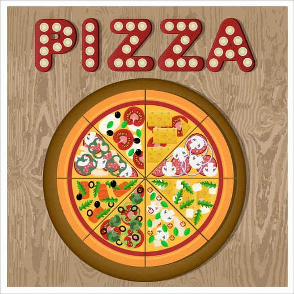 Platt illustration av diverse pizza på ett träfat. Vektor illustration av en rund pizza uppdelad i olika bitar. Vegetarisk pizza, salami, lax, kyckling, ost och svamp. — Stock vektor